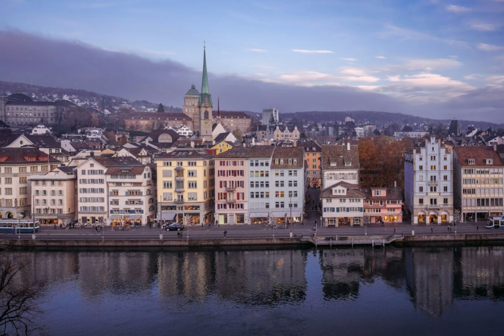 Aerial view of Zurich Skyline with Predigerkirche Church - Zurich, Switzerland
