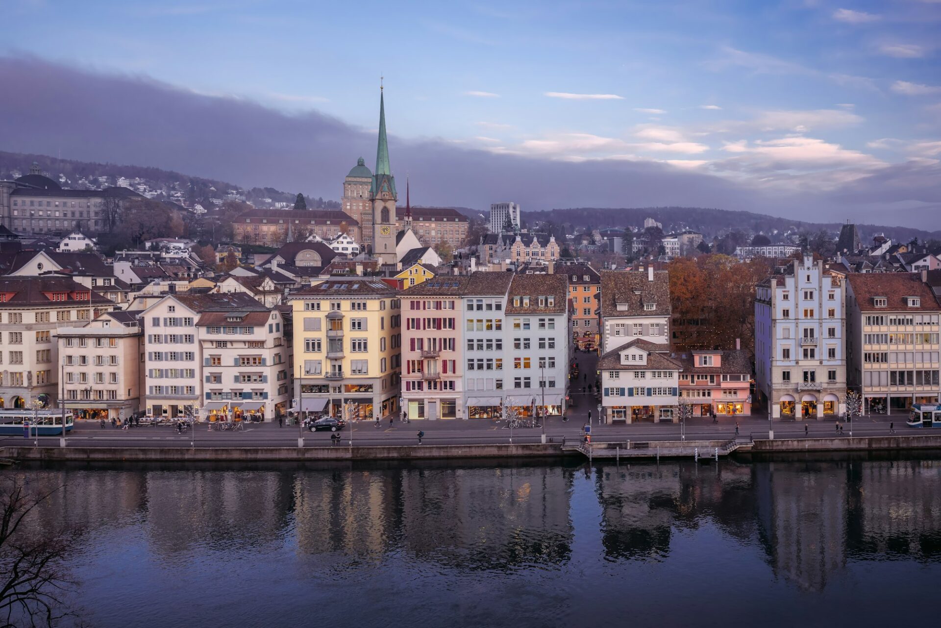 Aerial view of Zurich Skyline with Predigerkirche Church - Zurich, Switzerland