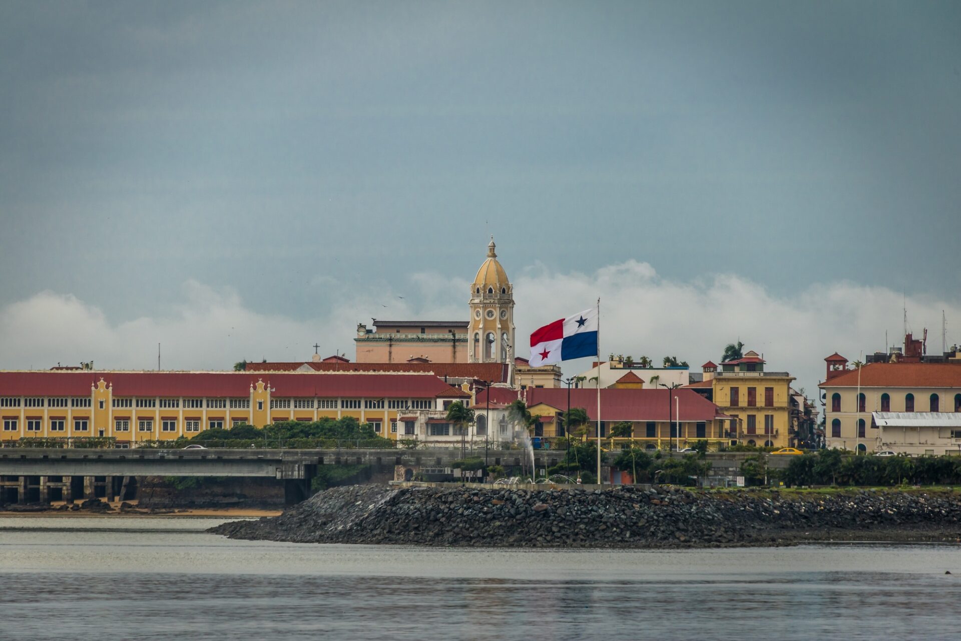 San Francisco de Asis Church in Casco Viejo and Panama Flag - Panama City, Panama